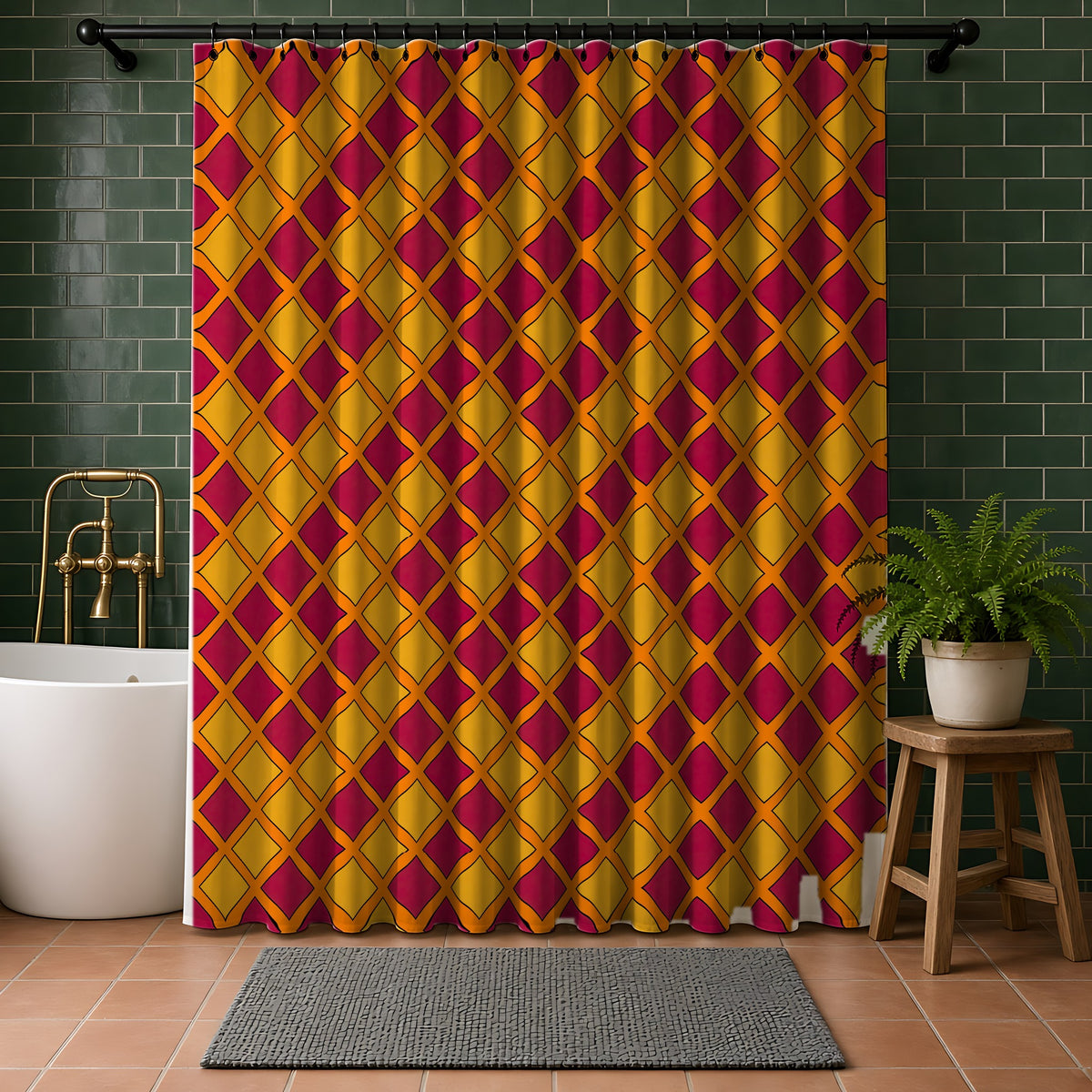 Harlequin Gold Grid Shower Curtain in a bathroom with dark green tiles