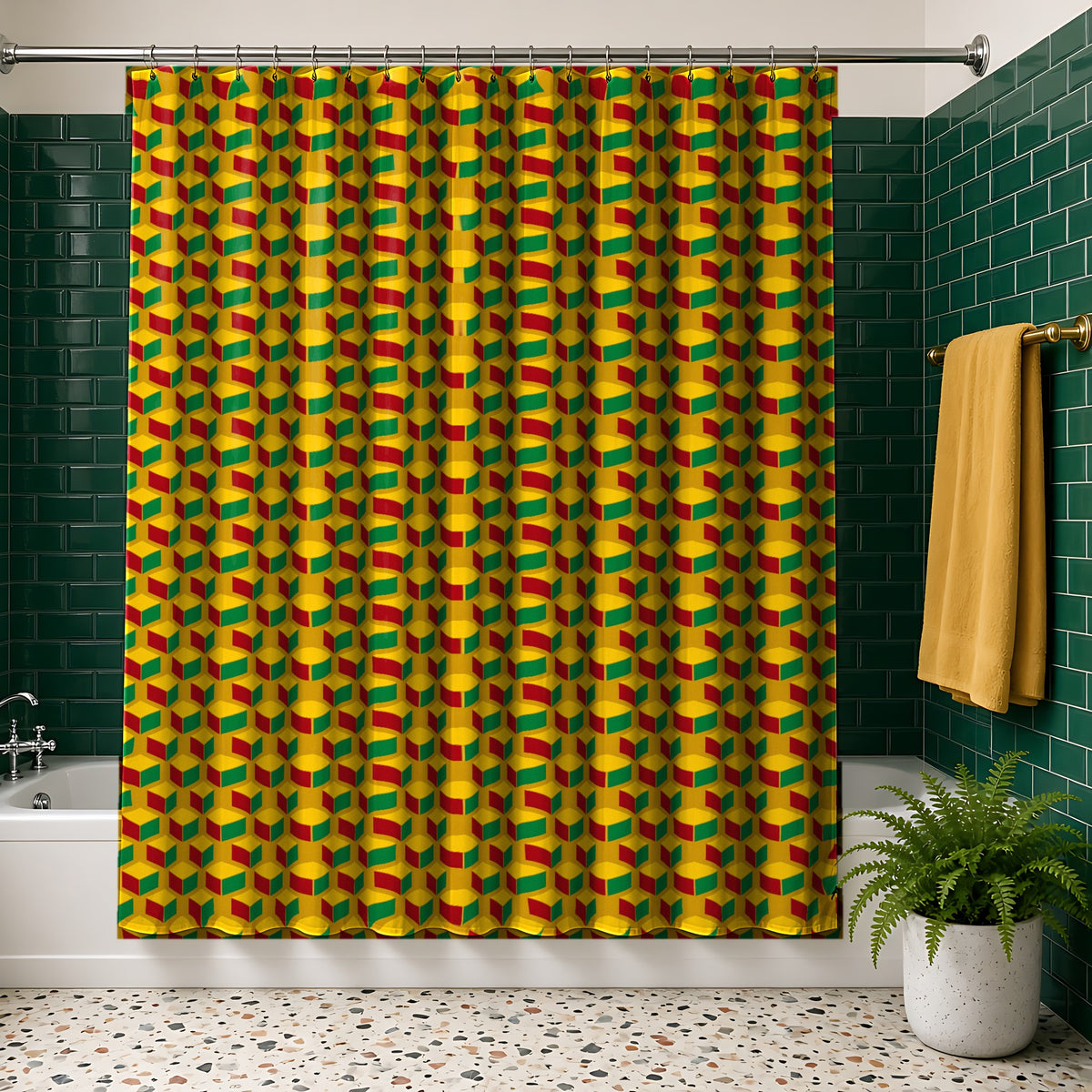 Giant Faceted Cubes II shower curtain in the Christmas Jewel Bright palette, hanging in a bathroom with emerald tiles
