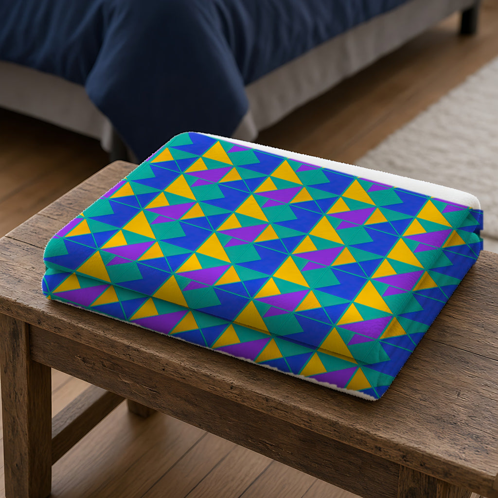 Jewel Block Quilt Sherpa Fleece Blanket folded on a wooden bench