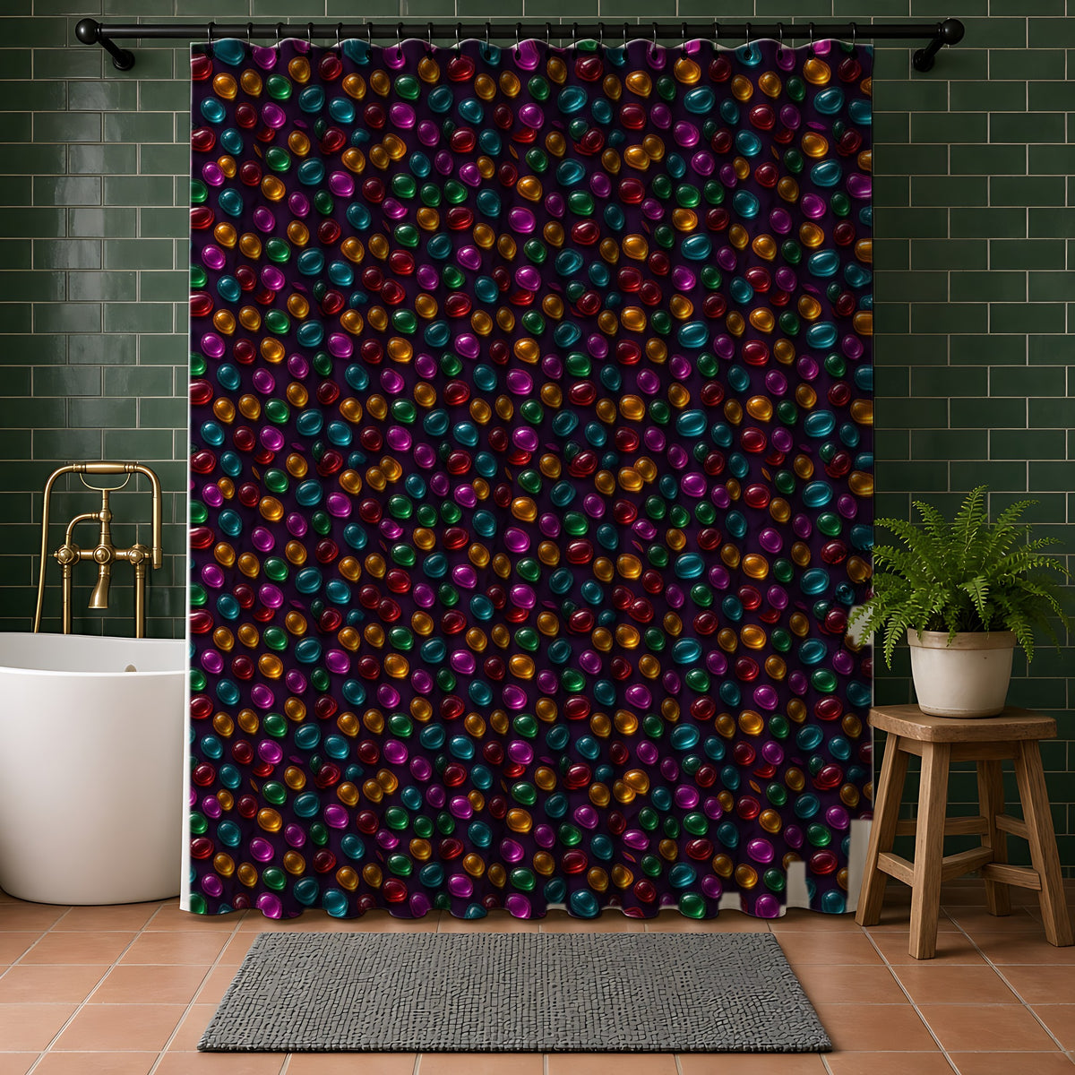 Glass Bead Rows Shower Curtain in a bathroom with dark green tiles