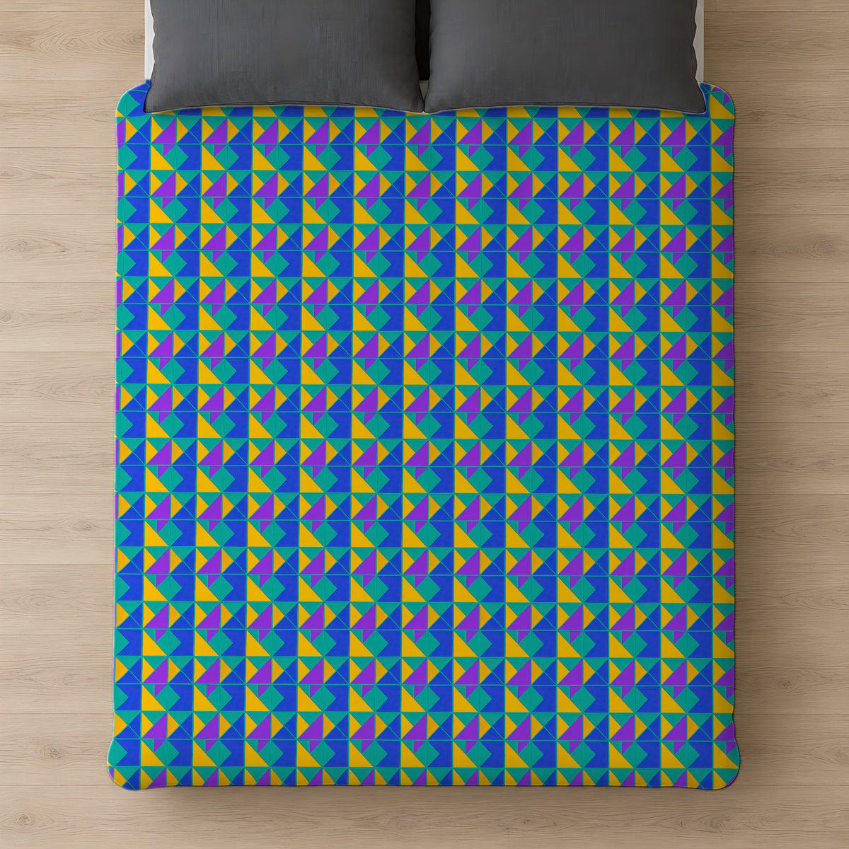 Jewel Block Quilt Cotton Duvet Cover on a bed, seen from above
