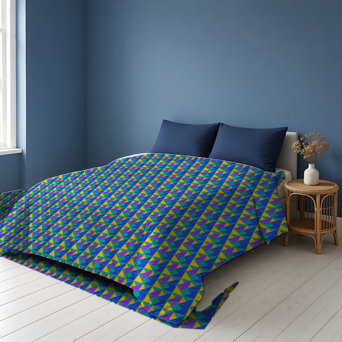 Jewel Block Quilt Cotton Duvet Cover on a bed in a Scandinavian blue bedroom