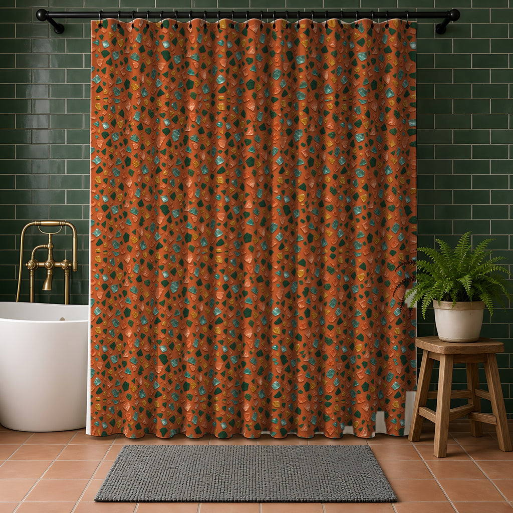 Glass Chip Sheen Shower Curtain in a bathroom with dark green tiles