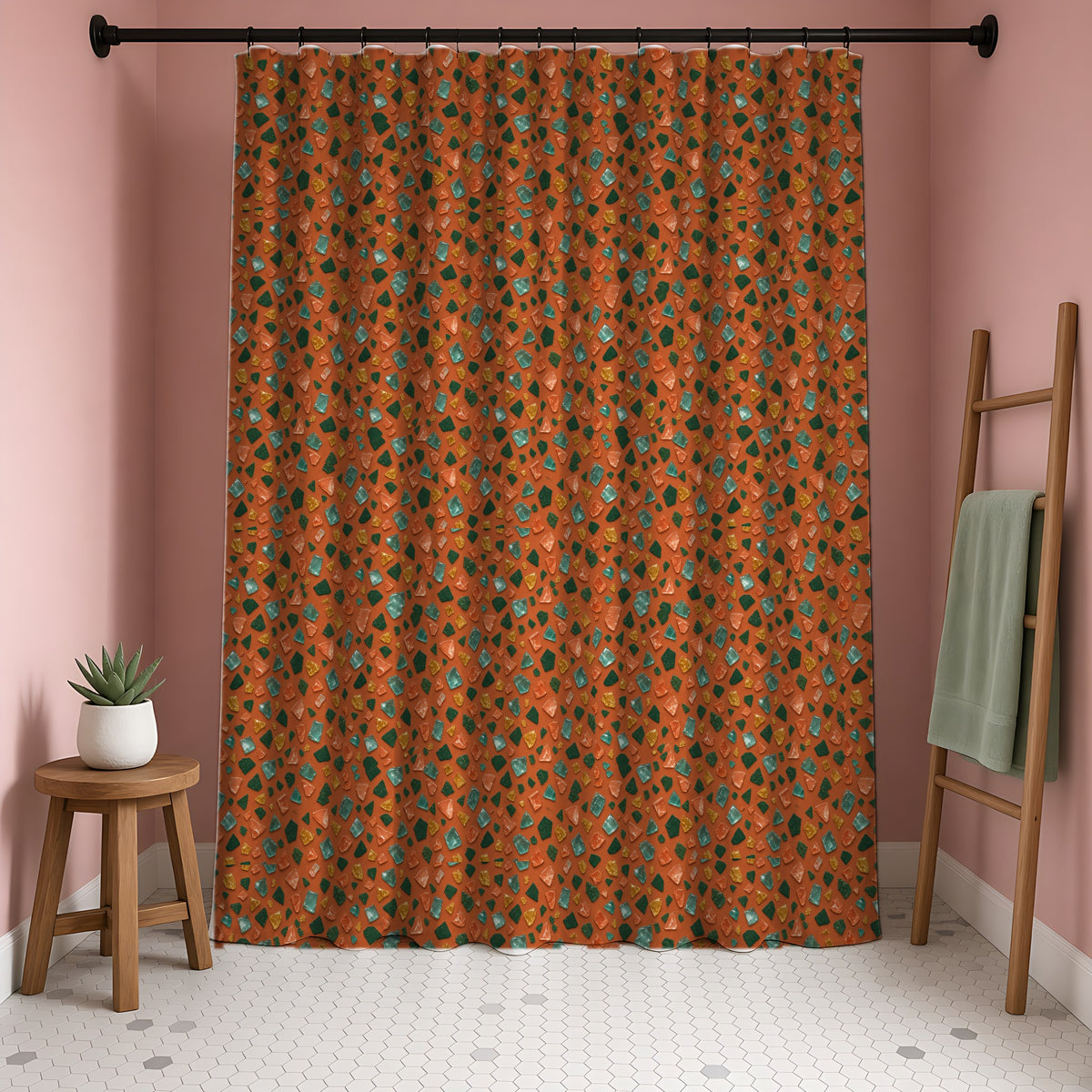 Glass Chip Sheen Shower Curtain in a blush-pink bathroom