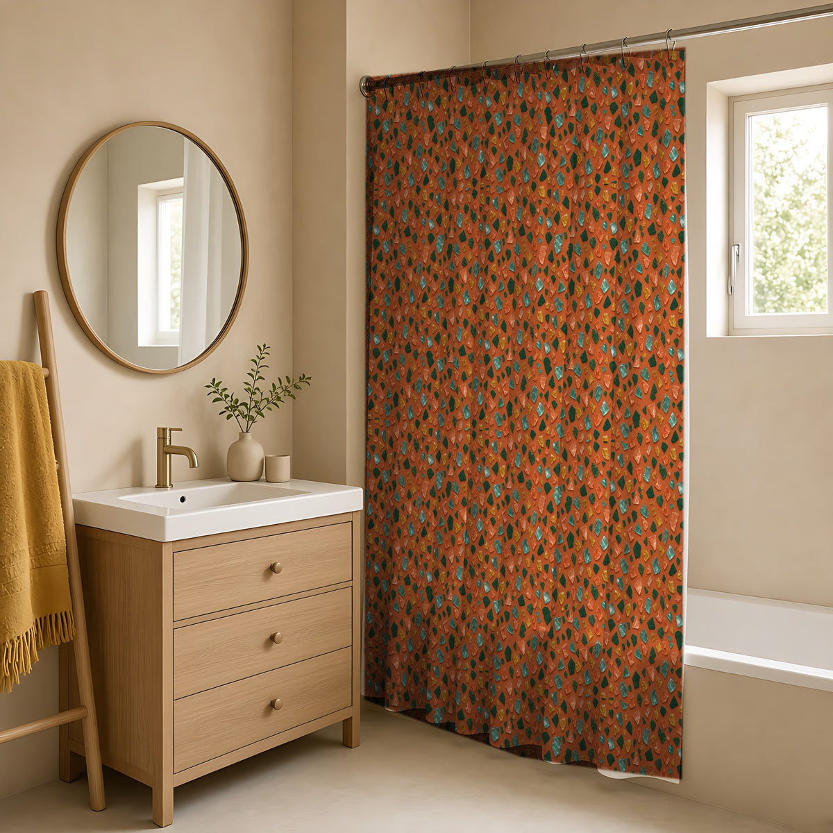 Glass Chip Sheen Shower Curtain in a warm neutral bathroom with an oak vanity