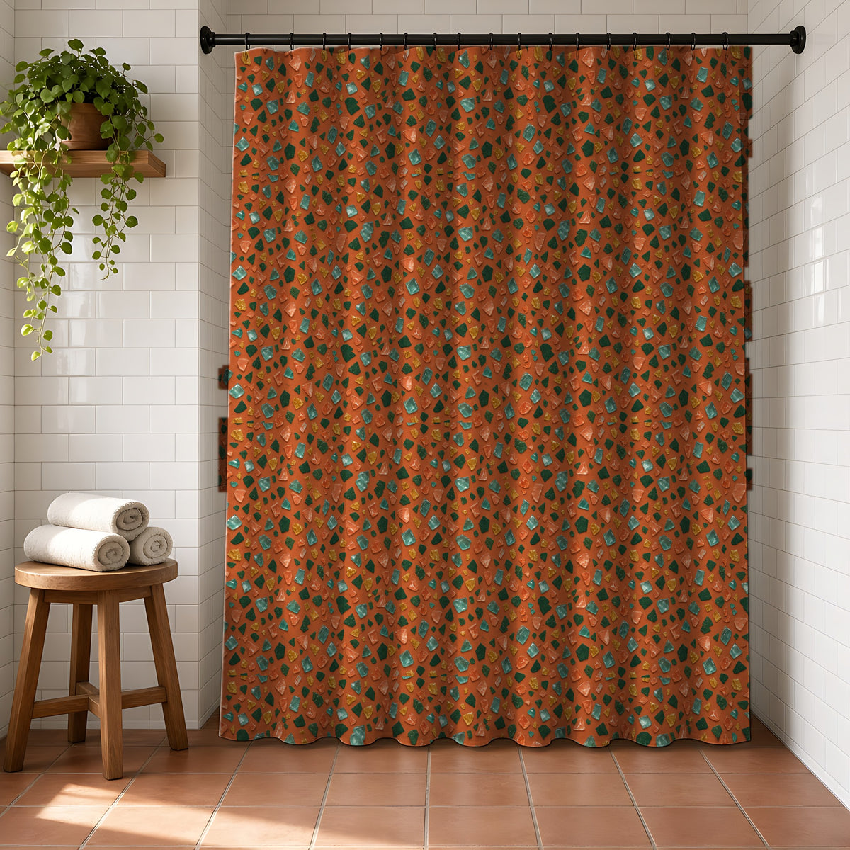 Glass Chip Sheen Shower Curtain in a bright bathroom with white tiles and a terracotta floor