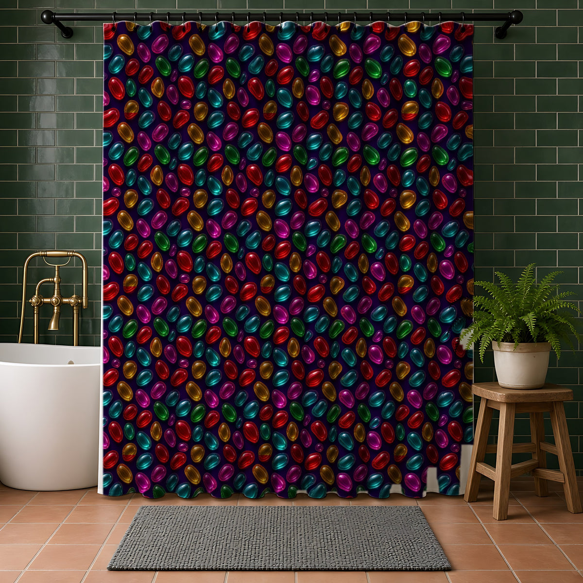 Glass Lozenge Toss Shower Curtain in a bathroom with dark green tiles