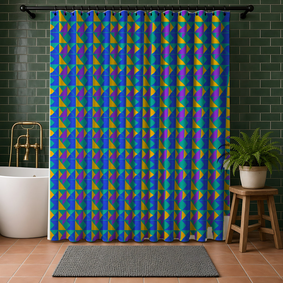 Jewel Block Quilt Shower Curtain in a bathroom with dark green tiles