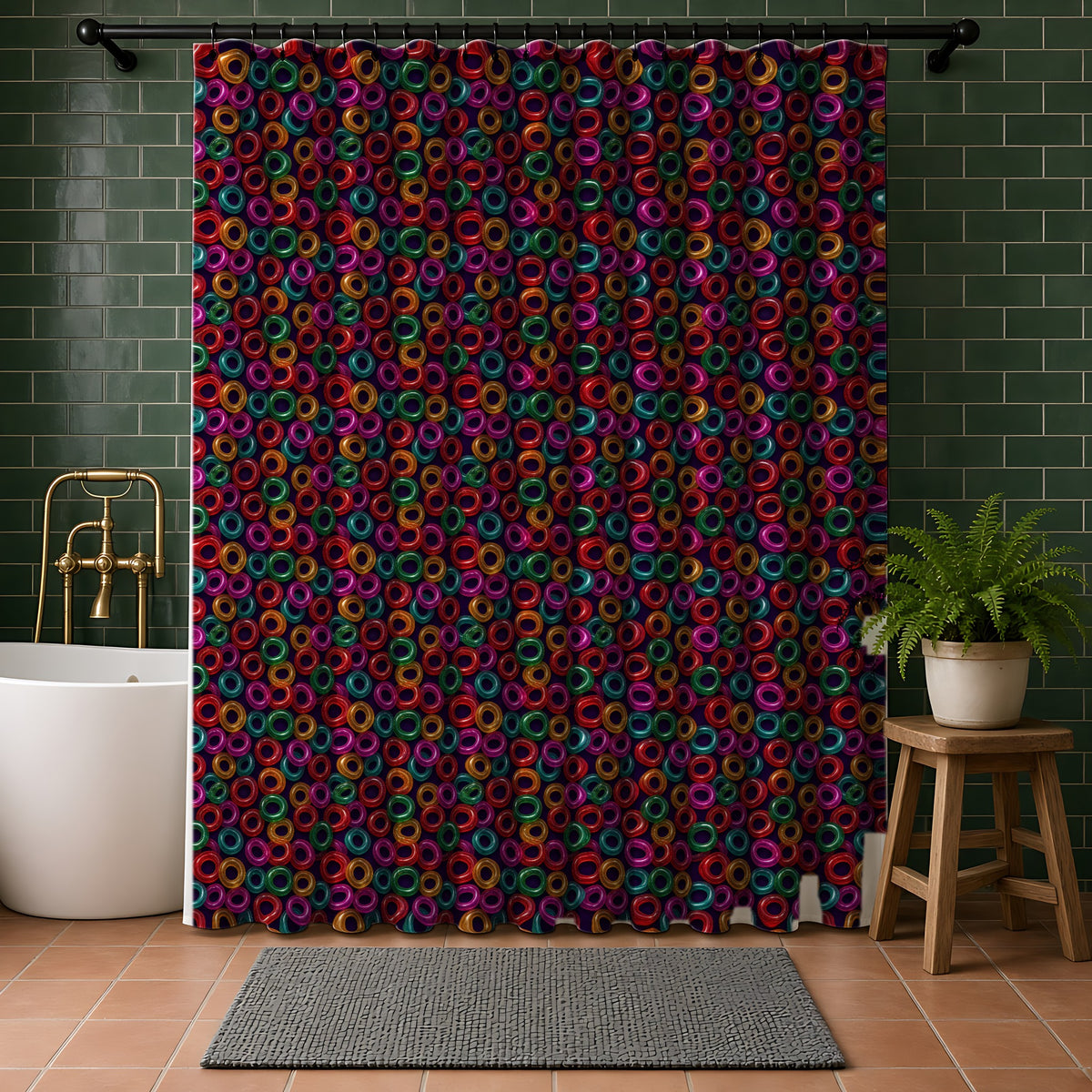 Glass Ring Scatter Shower Curtain in a bathroom with dark green tiles