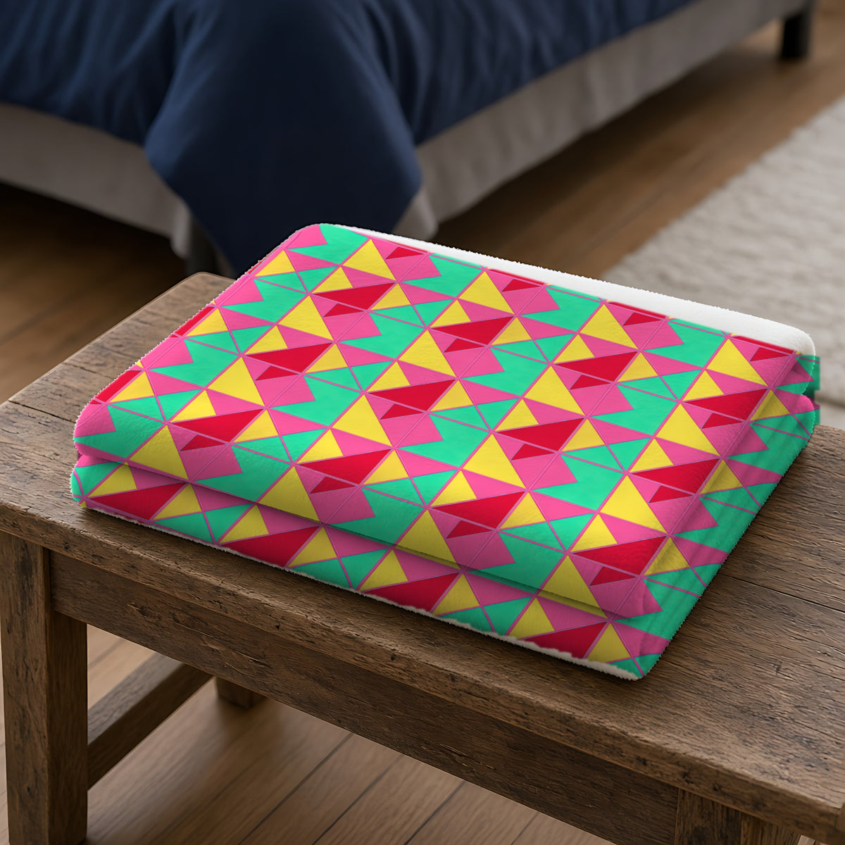 Jewel Block Quilt Sherpa Fleece Blanket folded on a wooden bench