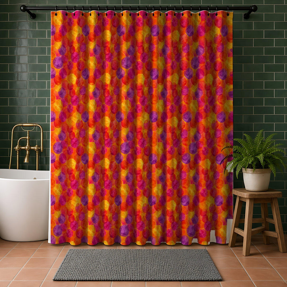Glaze Circle Overlaps Shower Curtain in a bathroom with dark green tiles