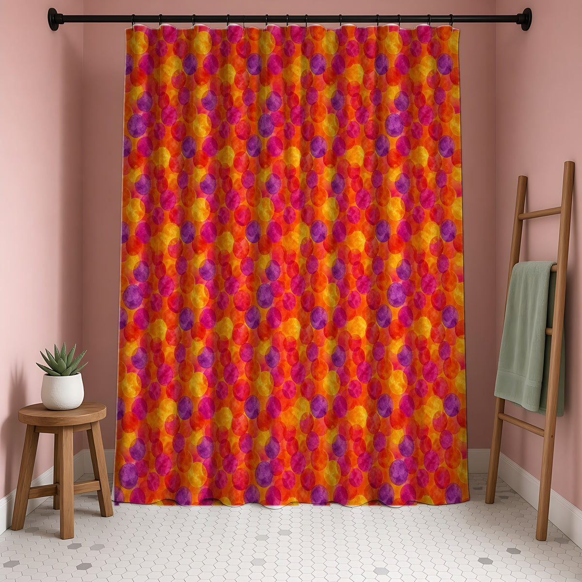 Glaze Circle Overlaps Shower Curtain in a blush-pink bathroom