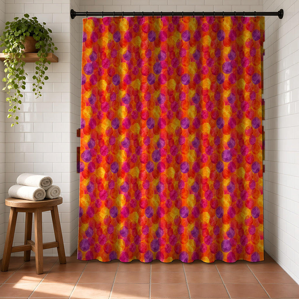 Glaze Circle Overlaps Shower Curtain in a bright bathroom with white tiles and a terracotta floor