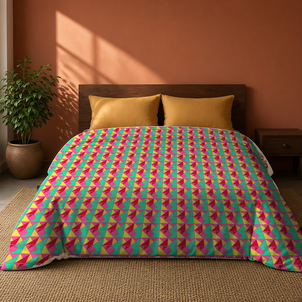 Jewel Block Quilt Comforter on a king bed against a warm terracotta wall