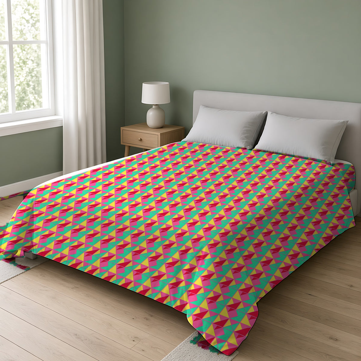 Jewel Block Quilt Comforter on a double bed in a bright sage-green bedroom