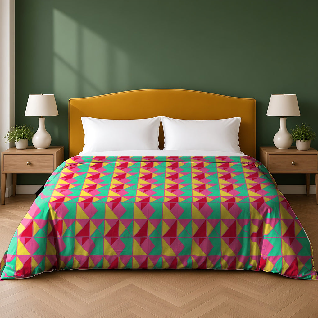 Jewel Block Quilt Cotton Duvet Cover in the Candy Christmas palette, on a bed with a mustard headboard against a forest-green wall