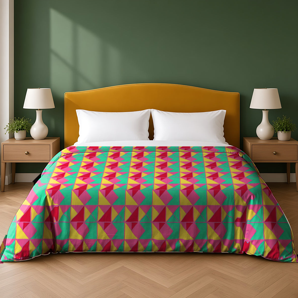 Jewel Block Quilt Cotton Duvet Cover in the Candy Christmas palette, on a bed with a mustard headboard against a forest-green wall