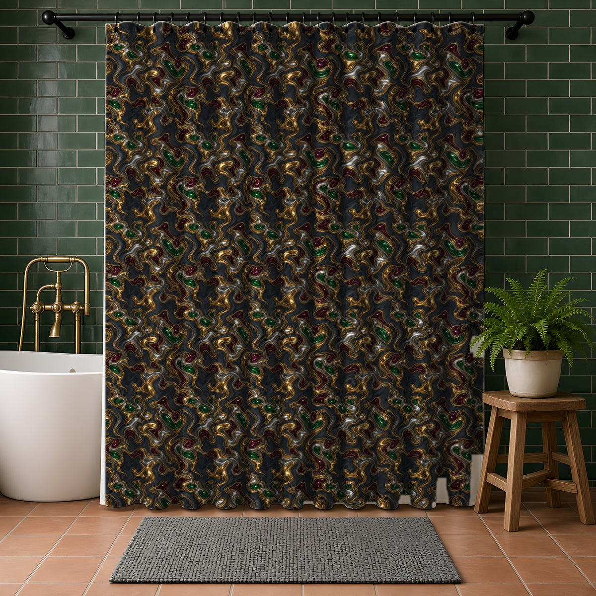 Gold Silver Ripples Shower Curtain in a bathroom with dark green tiles