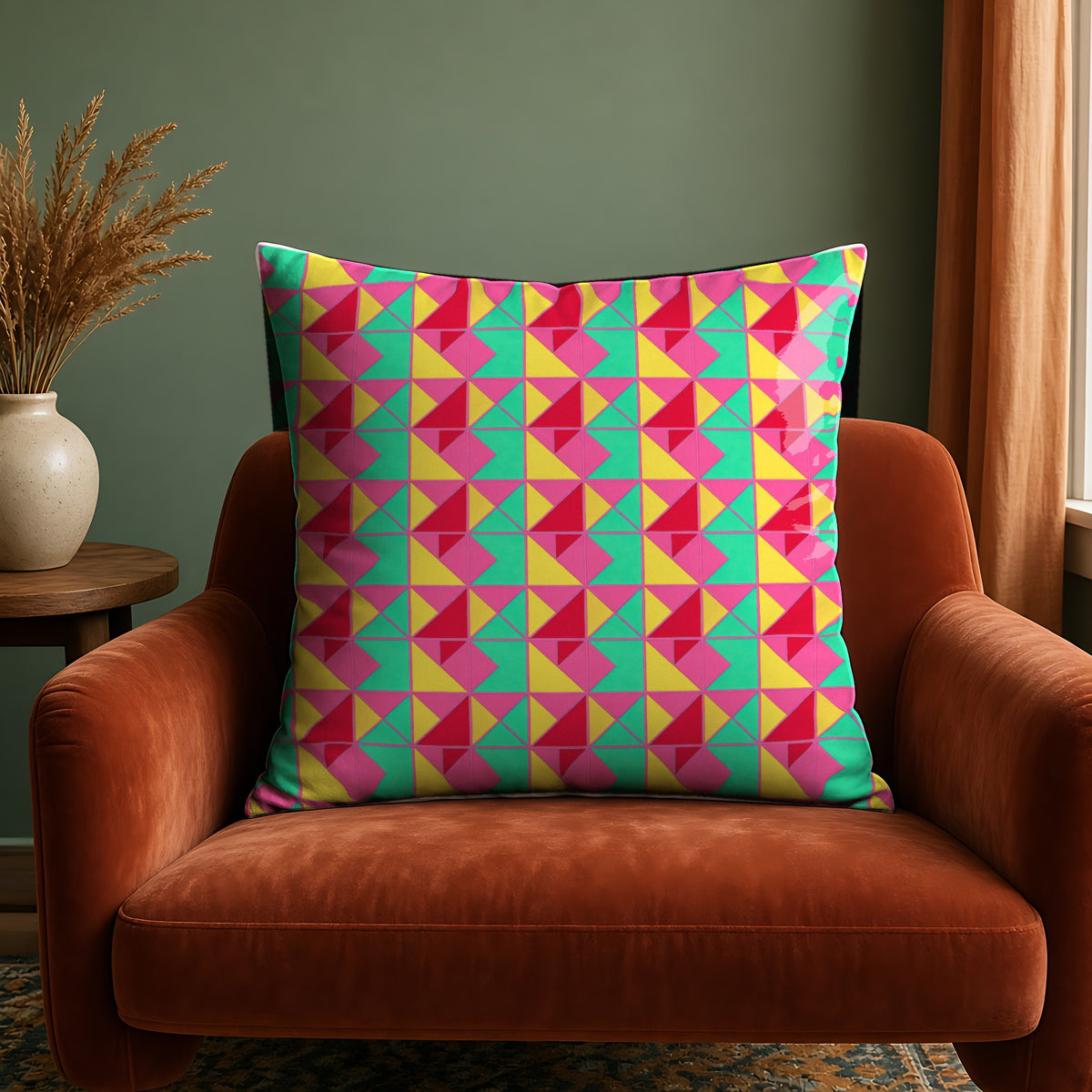 Jewel Block Quilt Faux Suede Cushion in the Candy Christmas palette, on a rust velvet armchair against a sage wall