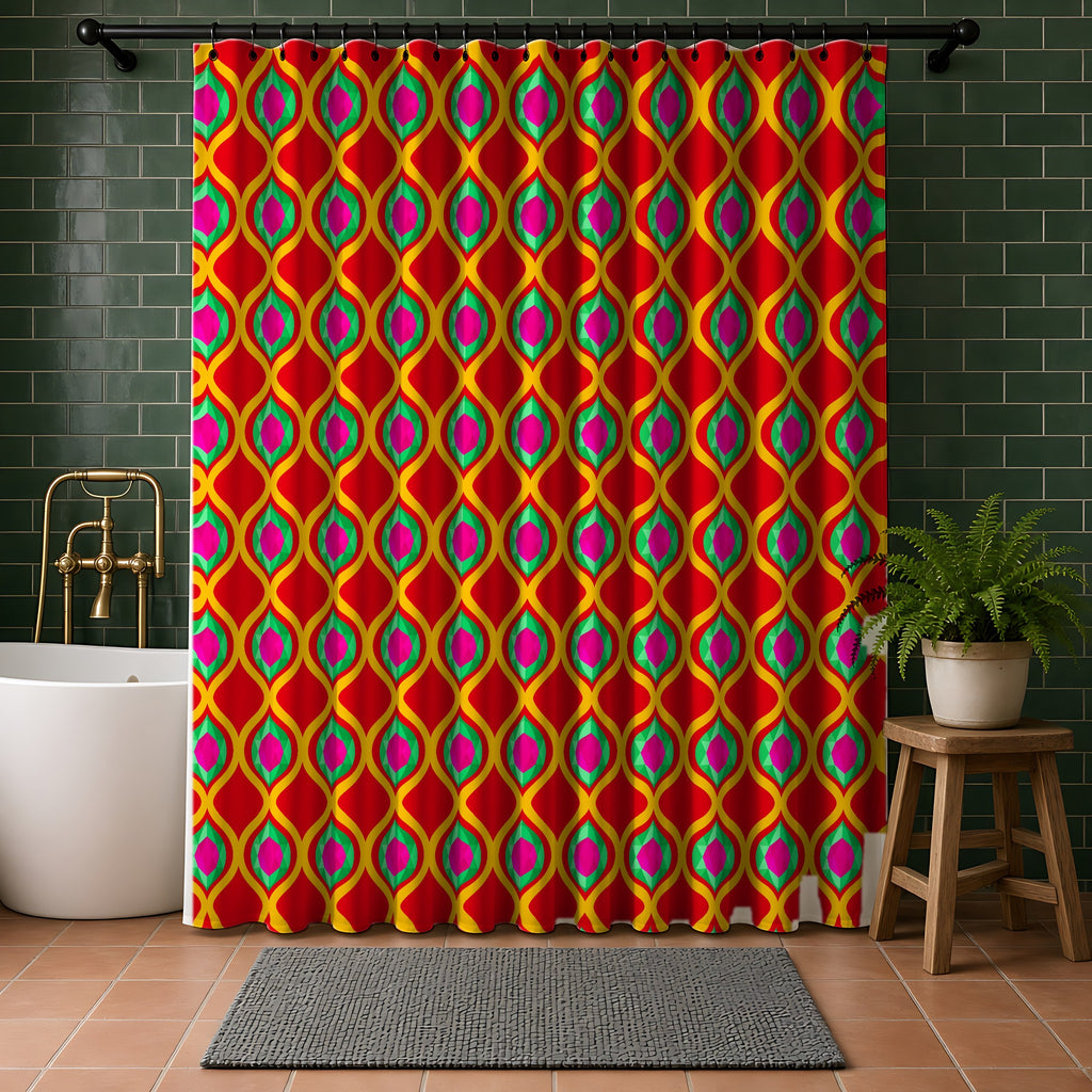Grand Gold Ogee Lattice II Shower Curtain in a bathroom with dark green tiles