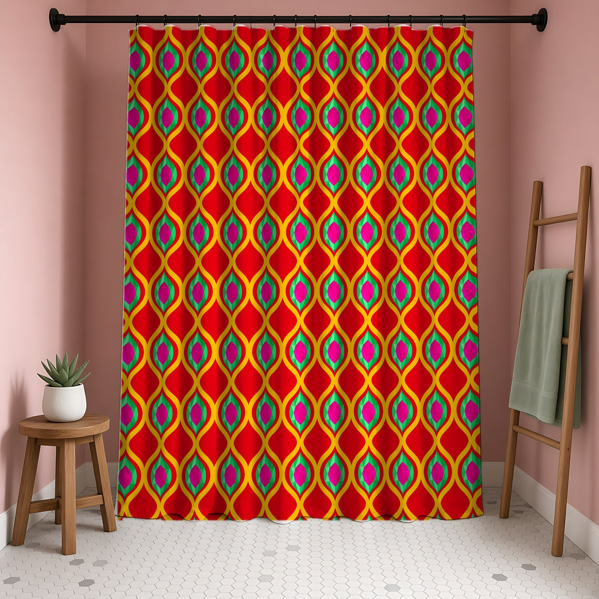 Grand Gold Ogee Lattice II Shower Curtain in a blush-pink bathroom