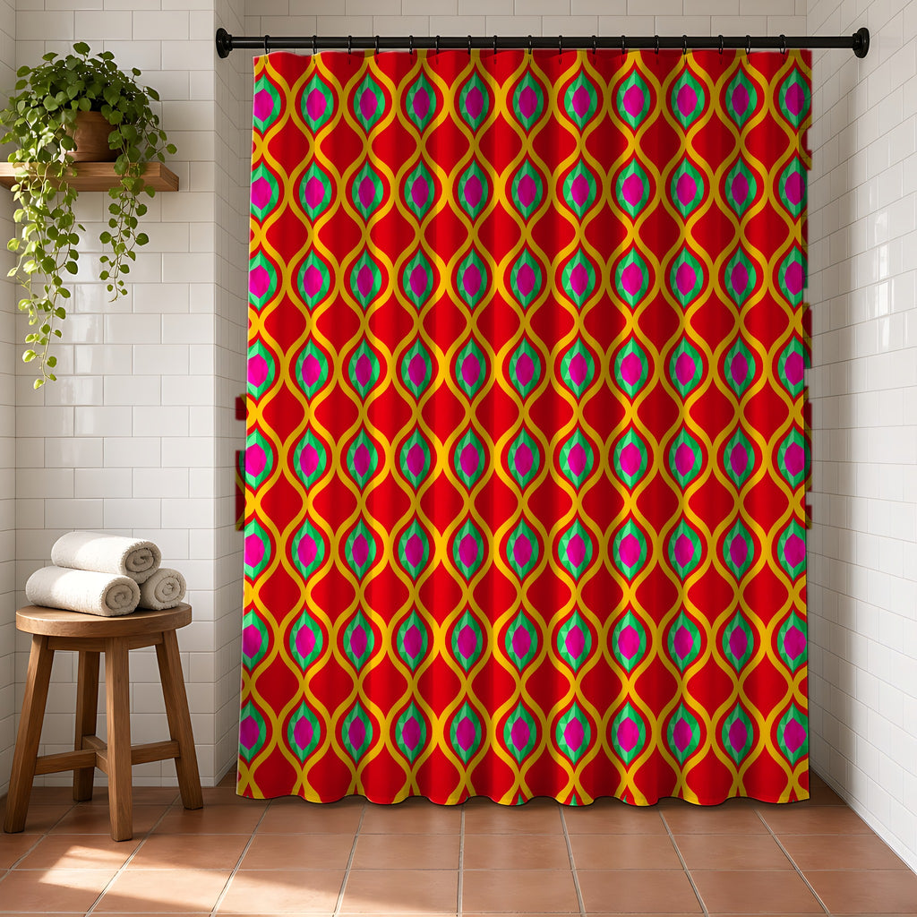 Grand Gold Ogee Lattice II Shower Curtain in a bright bathroom with white tiles and a terracotta floor