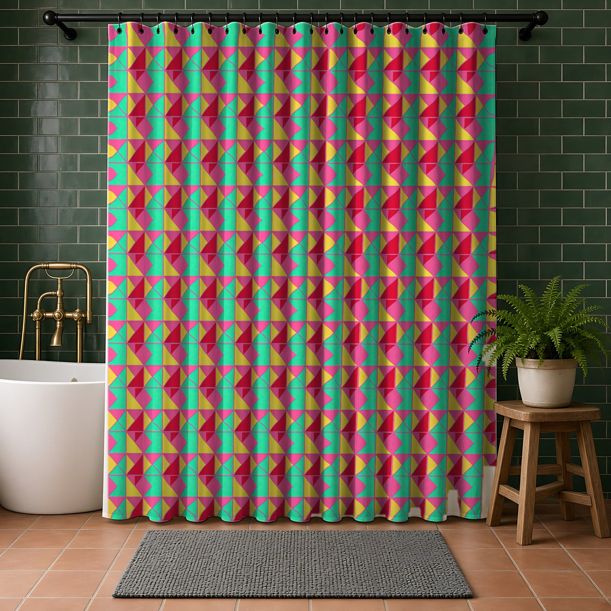 Jewel Block Quilt Shower Curtain in a bathroom with dark green tiles