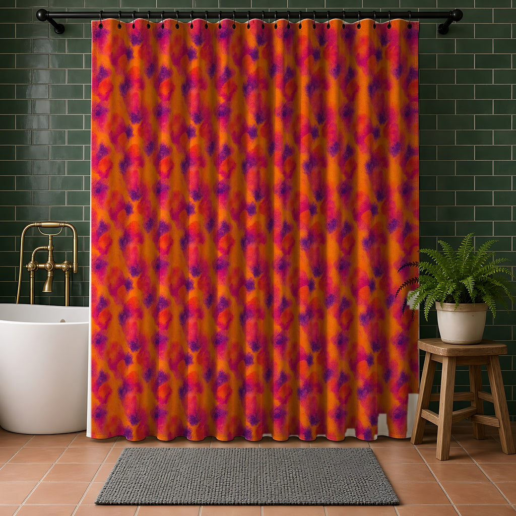 Granulated Colour Pools Shower Curtain in a bathroom with dark green tiles