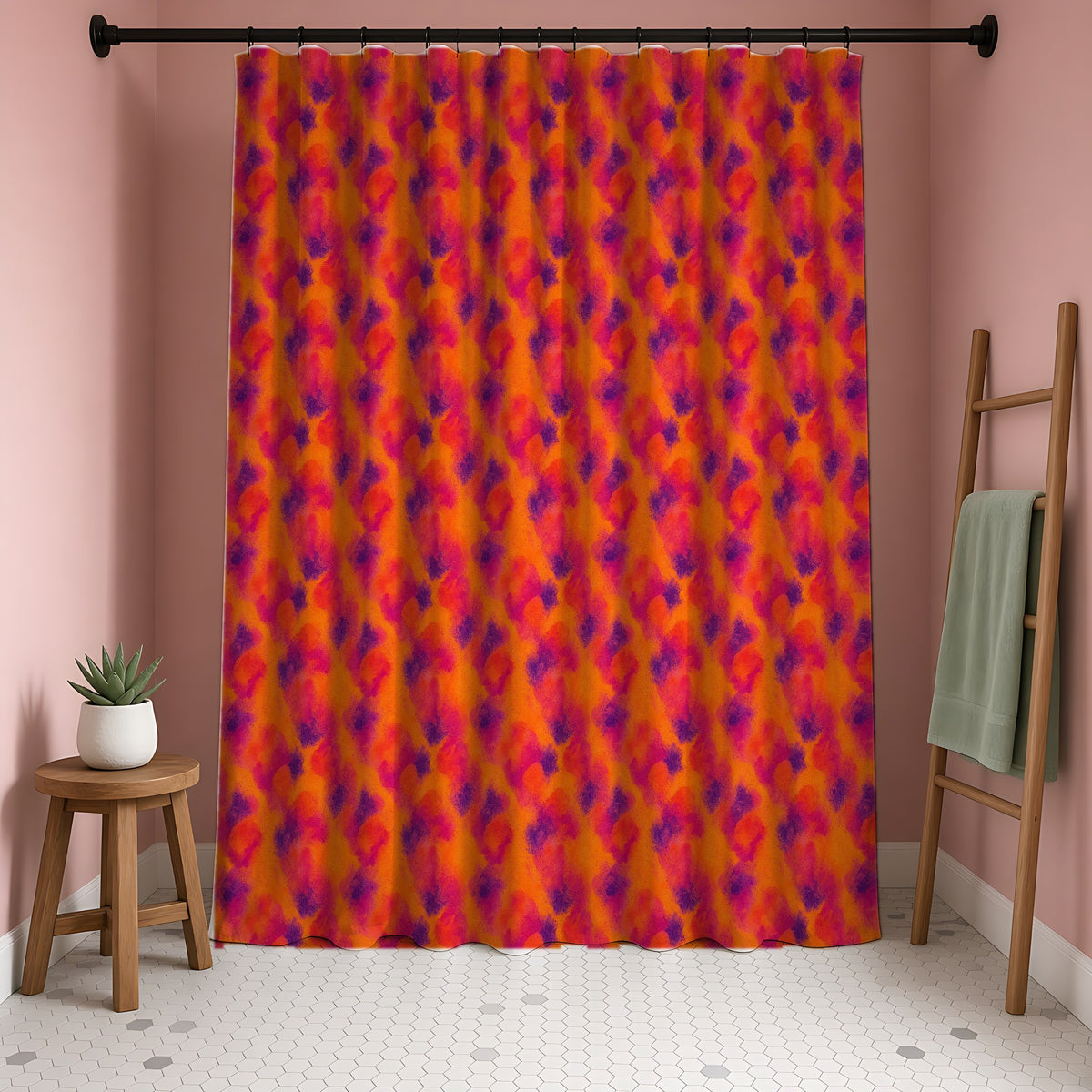 Granulated Colour Pools Shower Curtain in a blush-pink bathroom