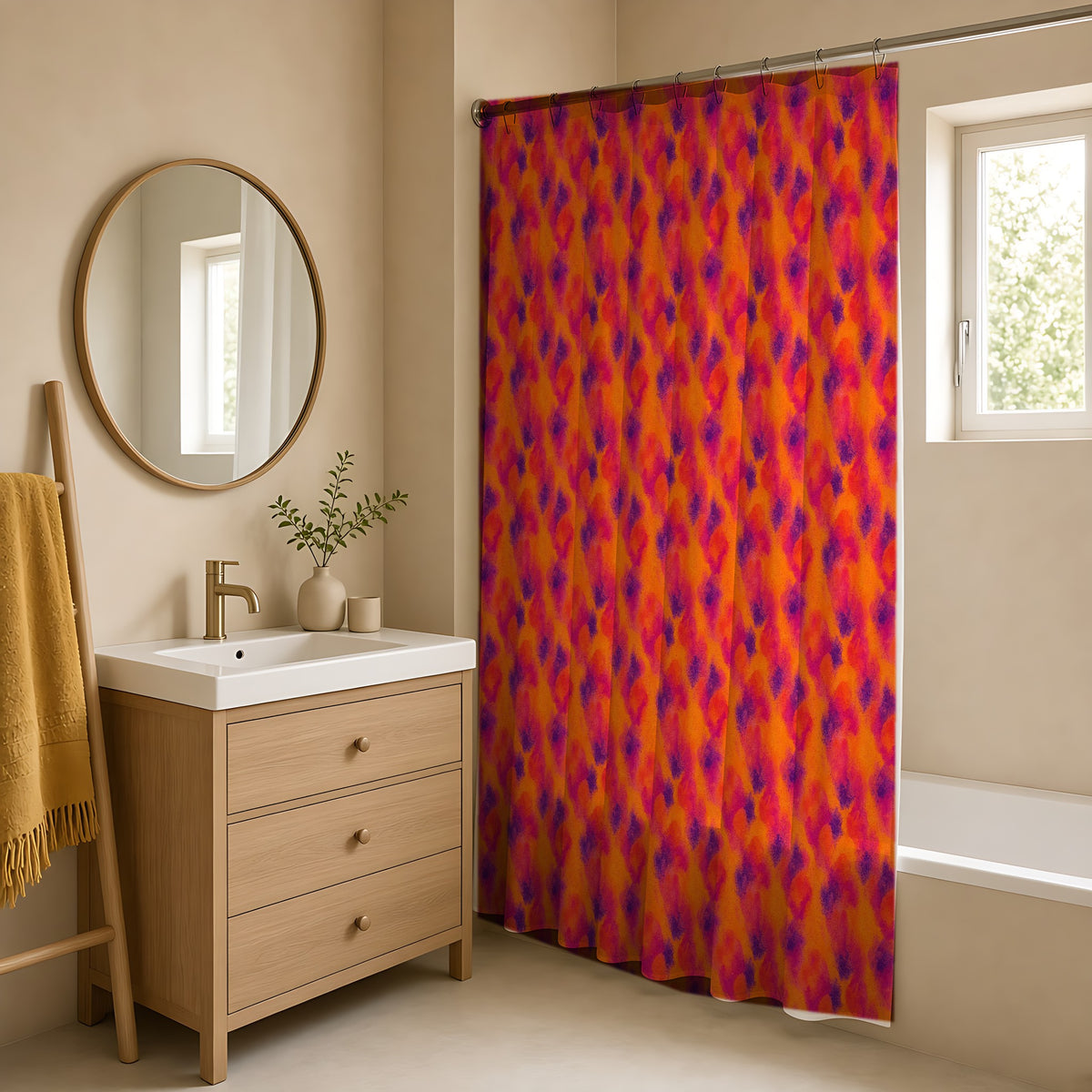 Granulated Colour Pools Shower Curtain in a warm neutral bathroom with an oak vanity