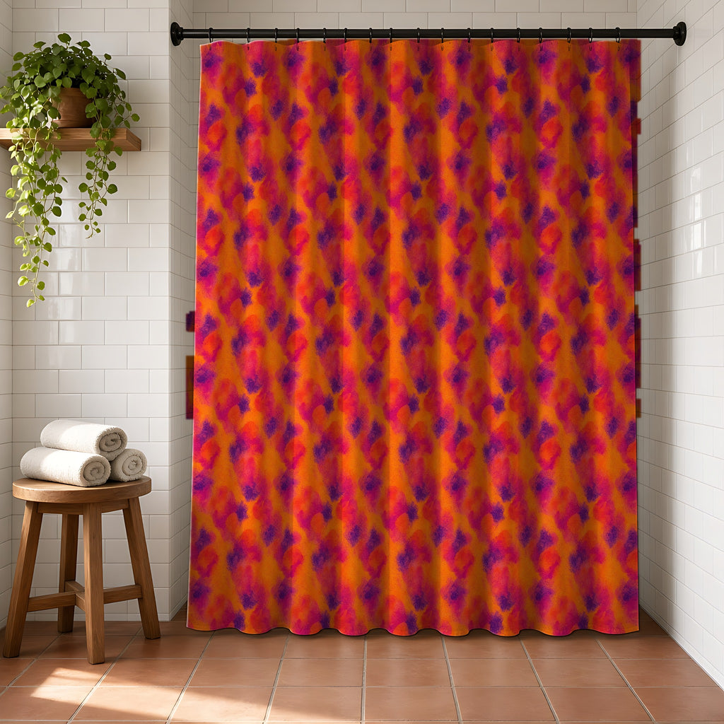 Granulated Colour Pools Shower Curtain in a bright bathroom with white tiles and a terracotta floor