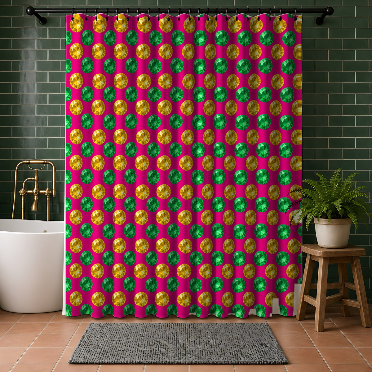 Half-Drop Gem Grid Shower Curtain in a bathroom with dark green tiles
