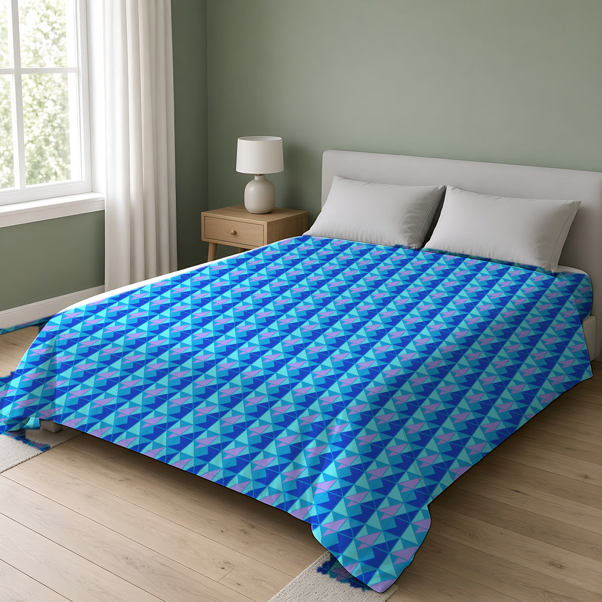 Jewel Block Quilt Cotton Duvet Cover on a double bed in a bright sage-green bedroom