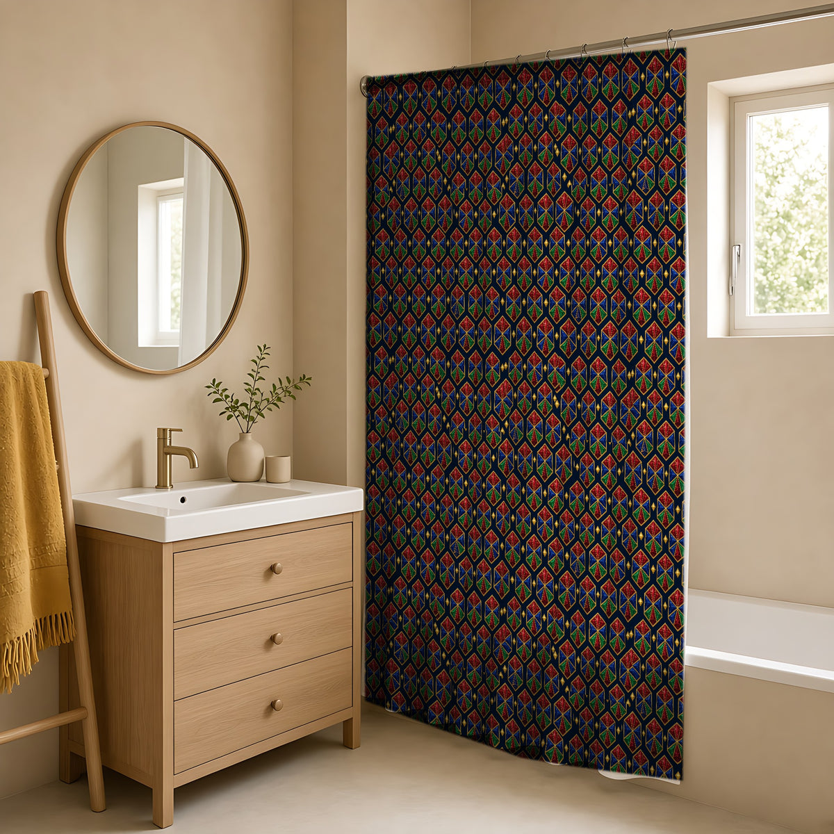 Hexagon Gem Wheels Shower Curtain in a warm neutral bathroom with an oak vanity