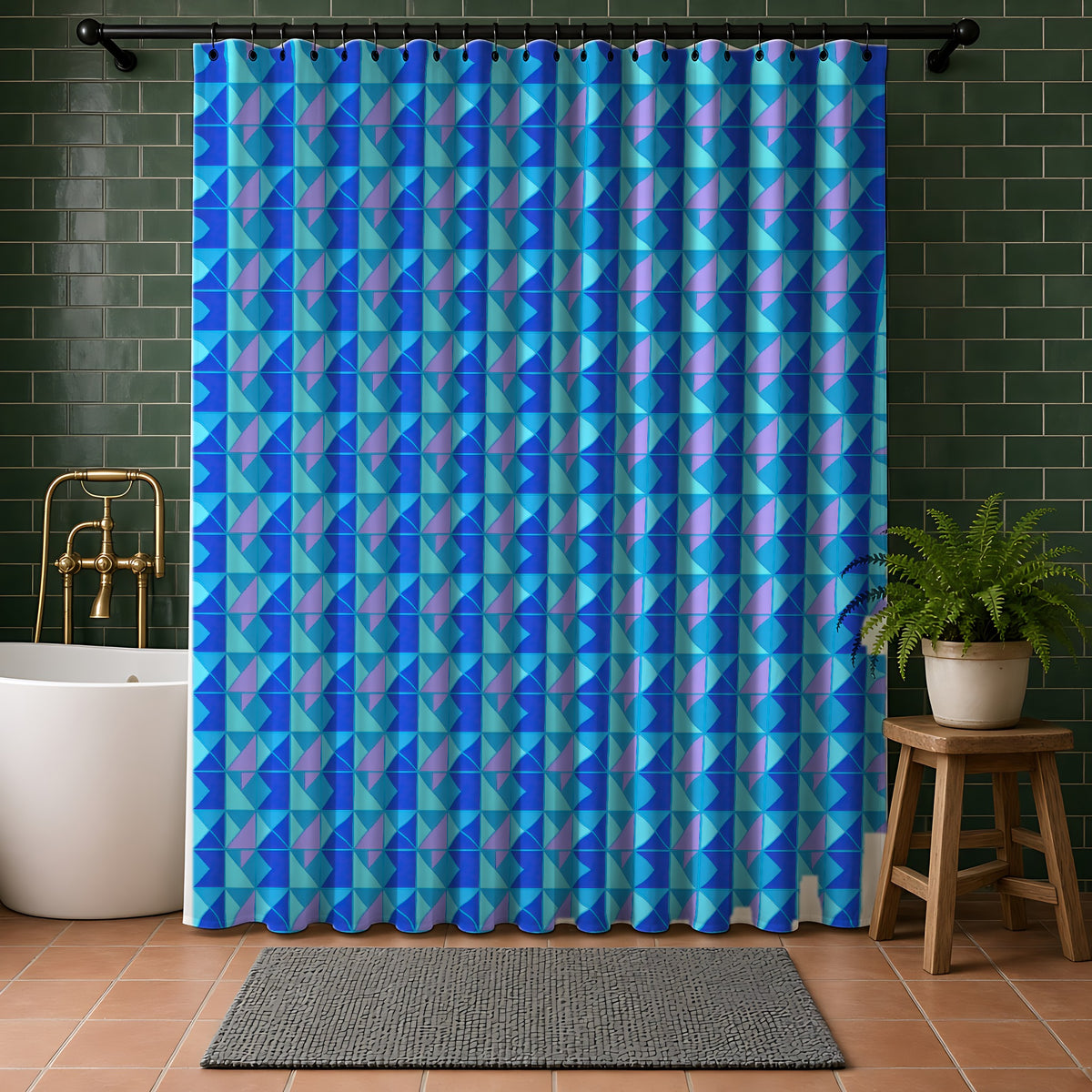 Jewel Block Quilt Shower Curtain in a bathroom with dark green tiles