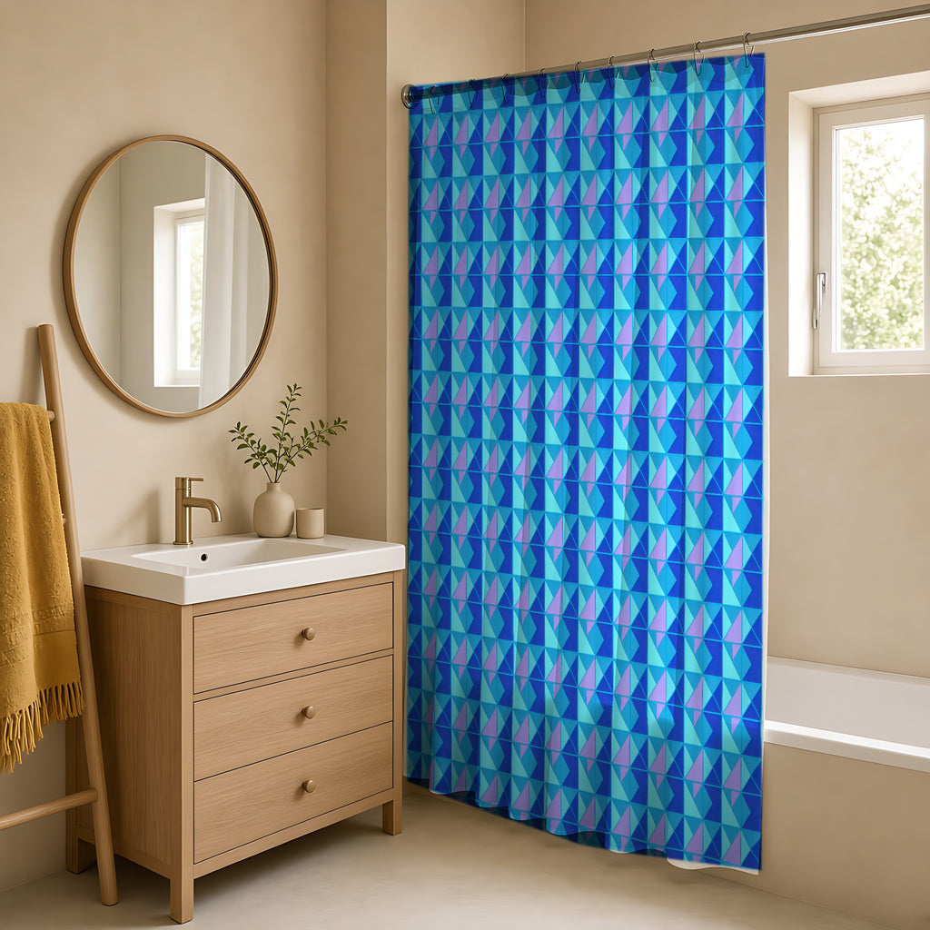 Jewel Block Quilt Shower Curtain in a warm neutral bathroom with an oak vanity