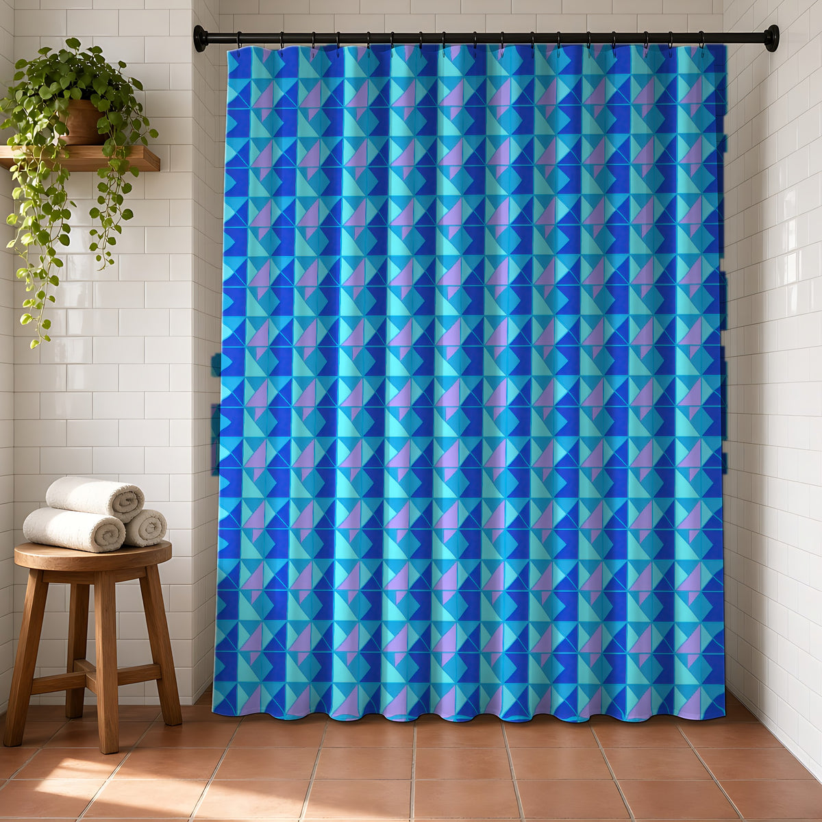 Jewel Block Quilt Shower Curtain in a bright bathroom with white tiles and a terracotta floor
