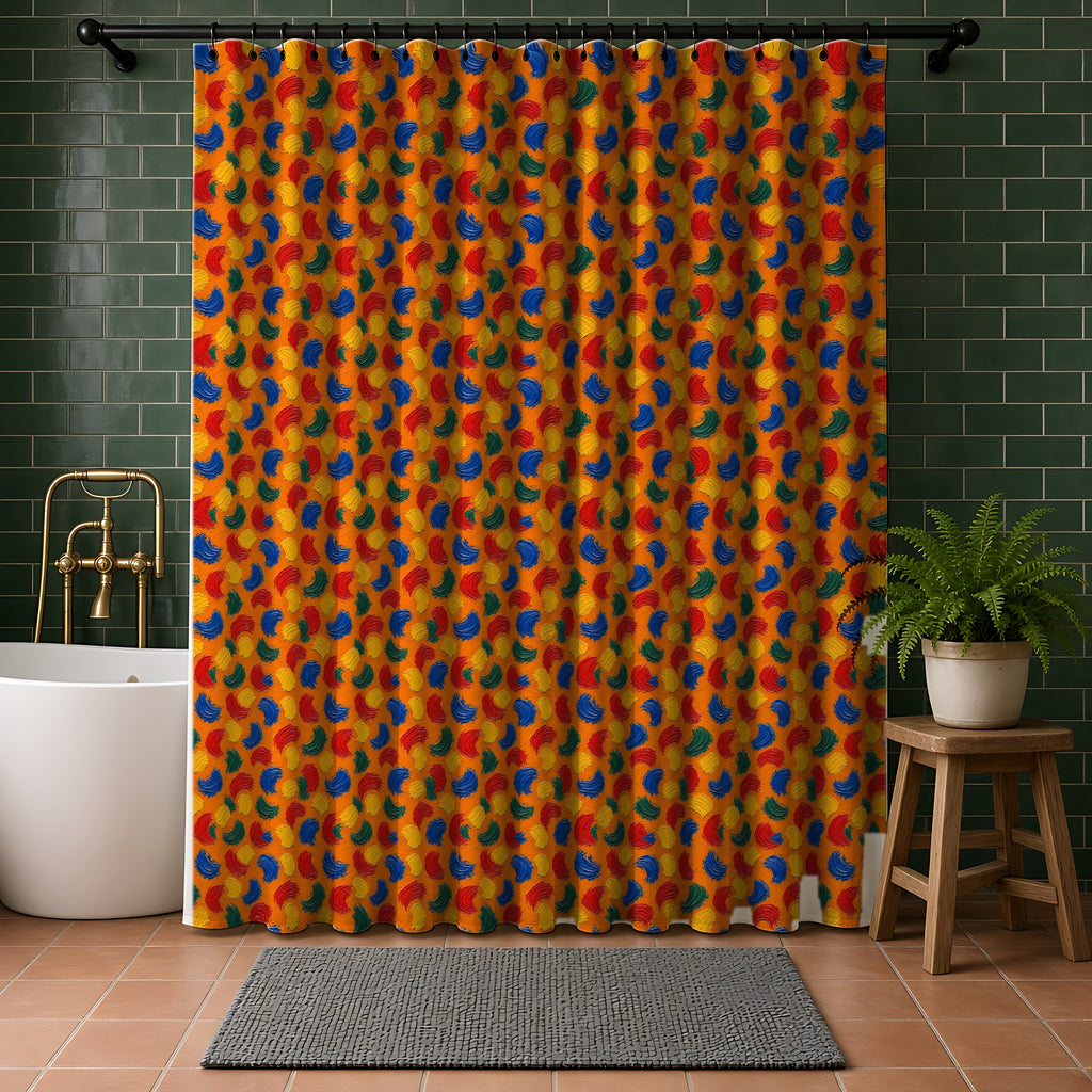 Impasto Swipe Field Shower Curtain in a bathroom with dark green tiles