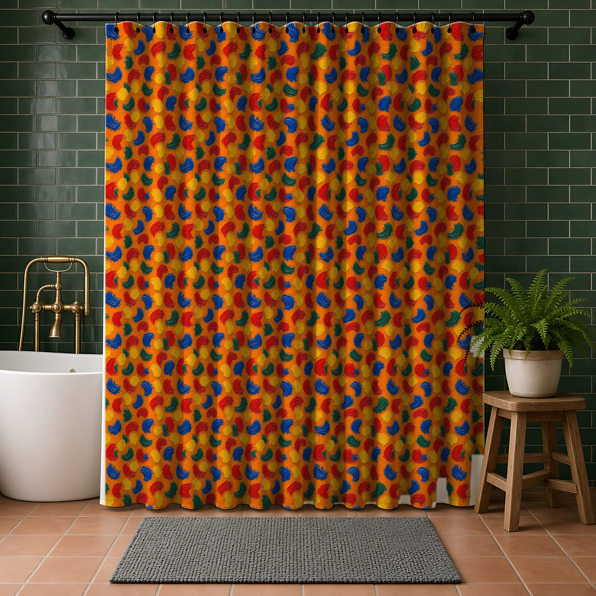 Impasto Swipe Field Shower Curtain in a bathroom with dark green tiles