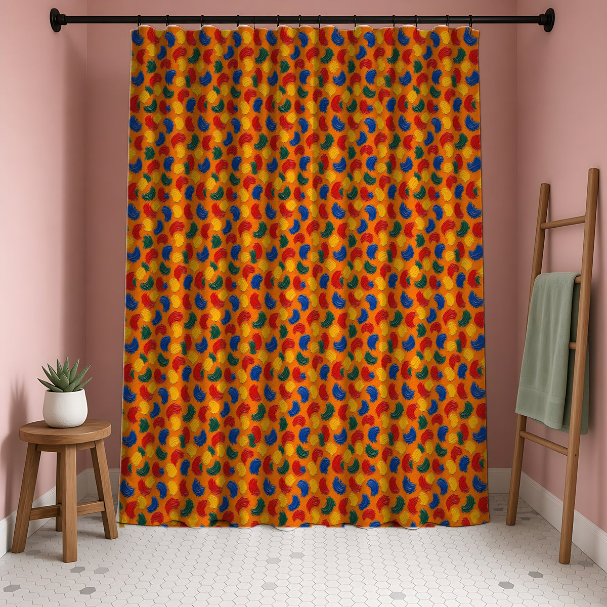 Impasto Swipe Field Shower Curtain in a blush-pink bathroom