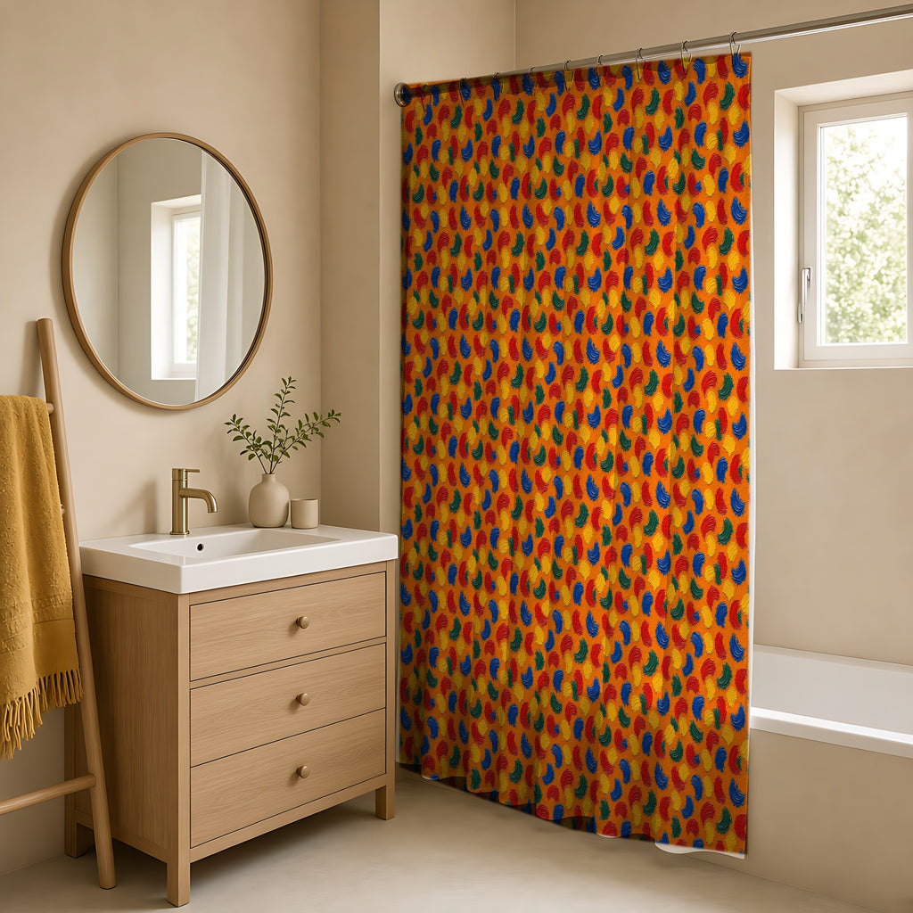 Impasto Swipe Field Shower Curtain in a warm neutral bathroom with an oak vanity