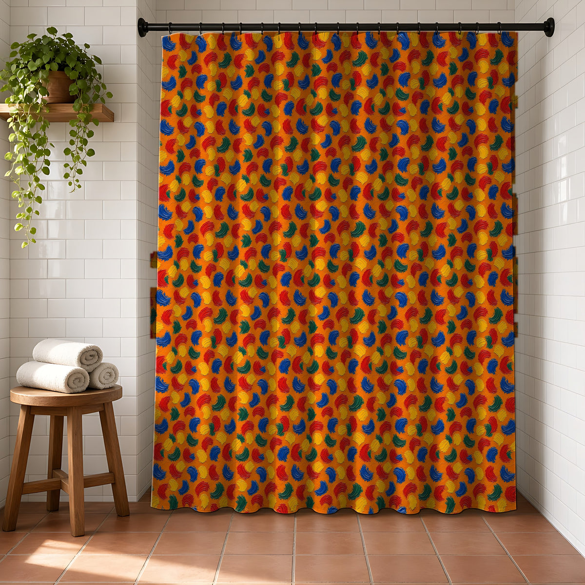 Impasto Swipe Field Shower Curtain in a bright bathroom with white tiles and a terracotta floor