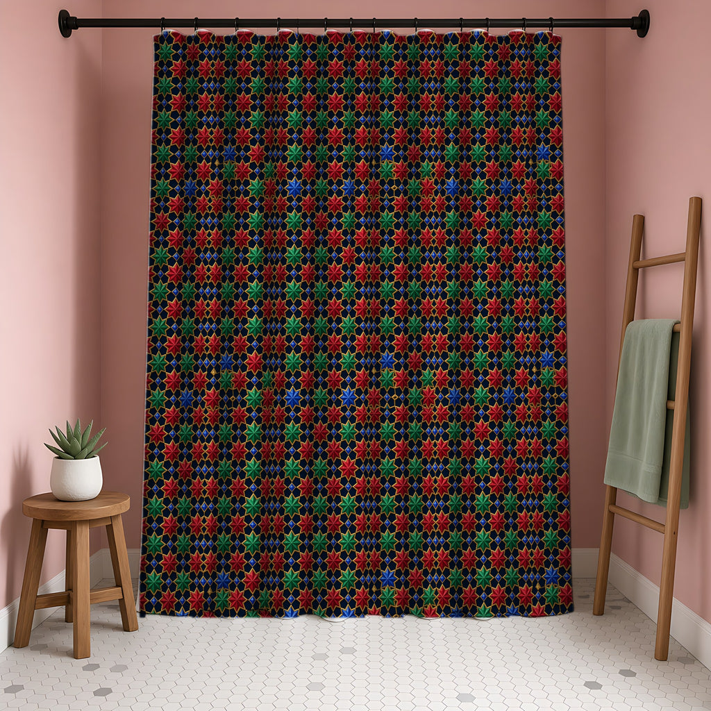 Interlocking Jewel Stars Shower Curtain in a blush-pink bathroom