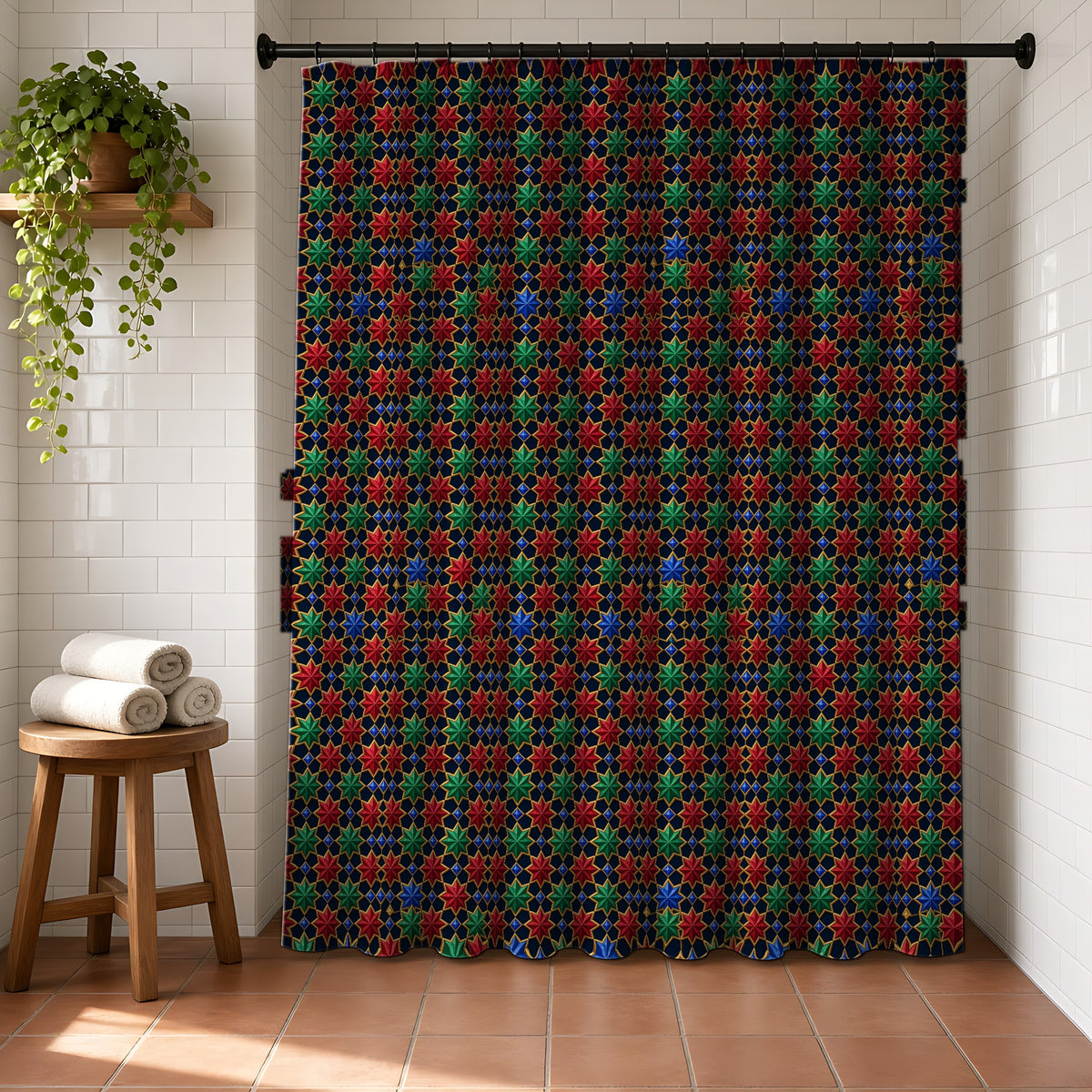 Interlocking Jewel Stars Shower Curtain in a bright bathroom with white tiles and a terracotta floor