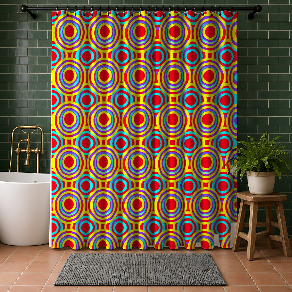 Interlocking Ring Ripples Shower Curtain in a bathroom with dark green tiles