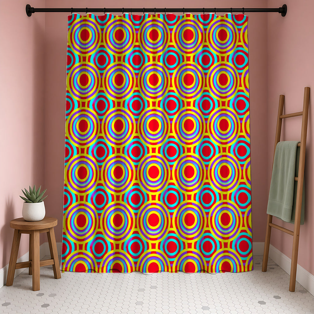 Interlocking Ring Ripples Shower Curtain in a blush-pink bathroom