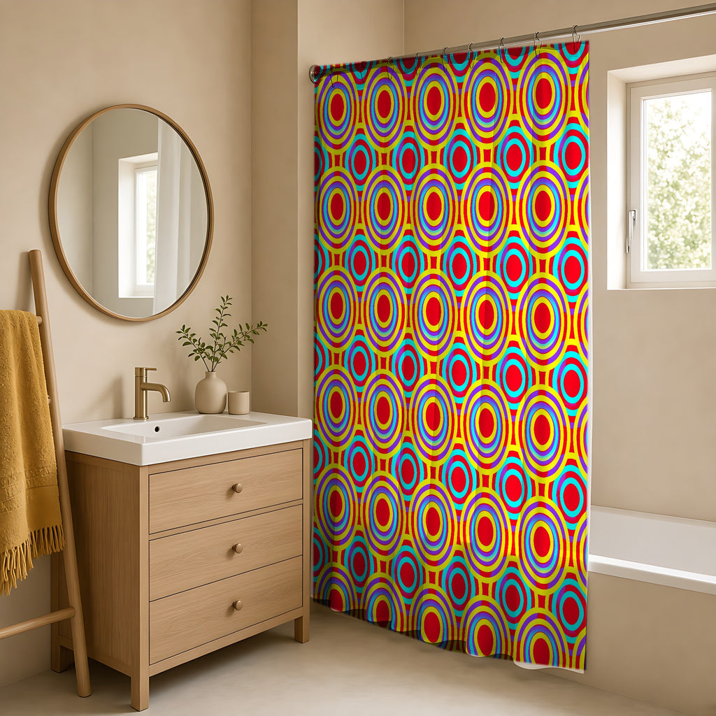 Interlocking Ring Ripples Shower Curtain in a warm neutral bathroom with an oak vanity