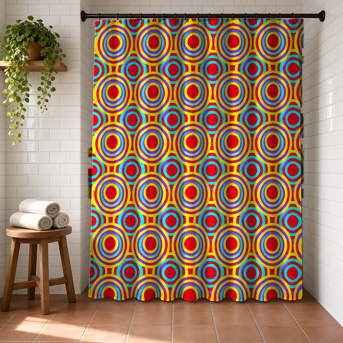 Interlocking Ring Ripples Shower Curtain in a bright bathroom with white tiles and a terracotta floor