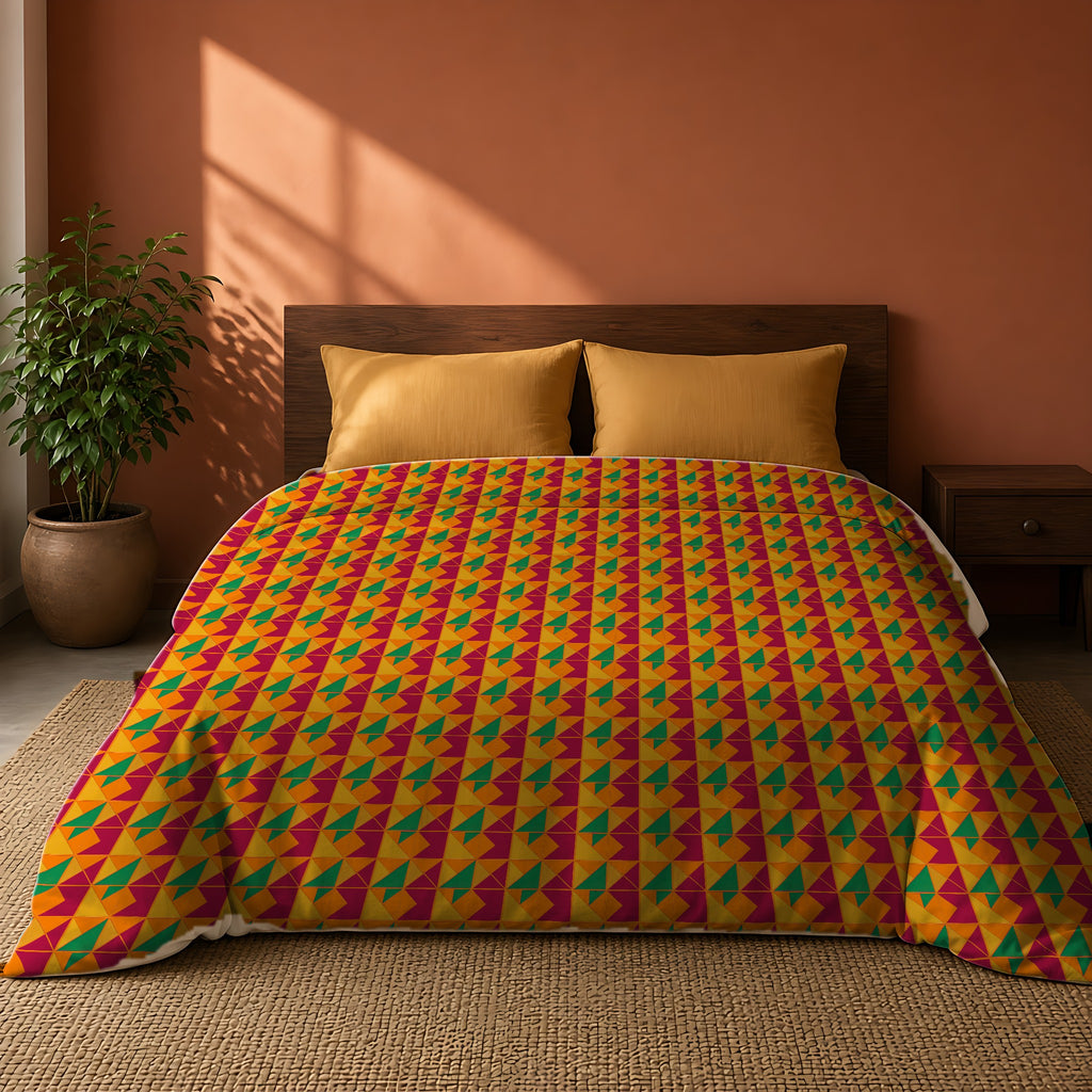 Jewel Block Quilt Comforter on a king bed against a warm terracotta wall