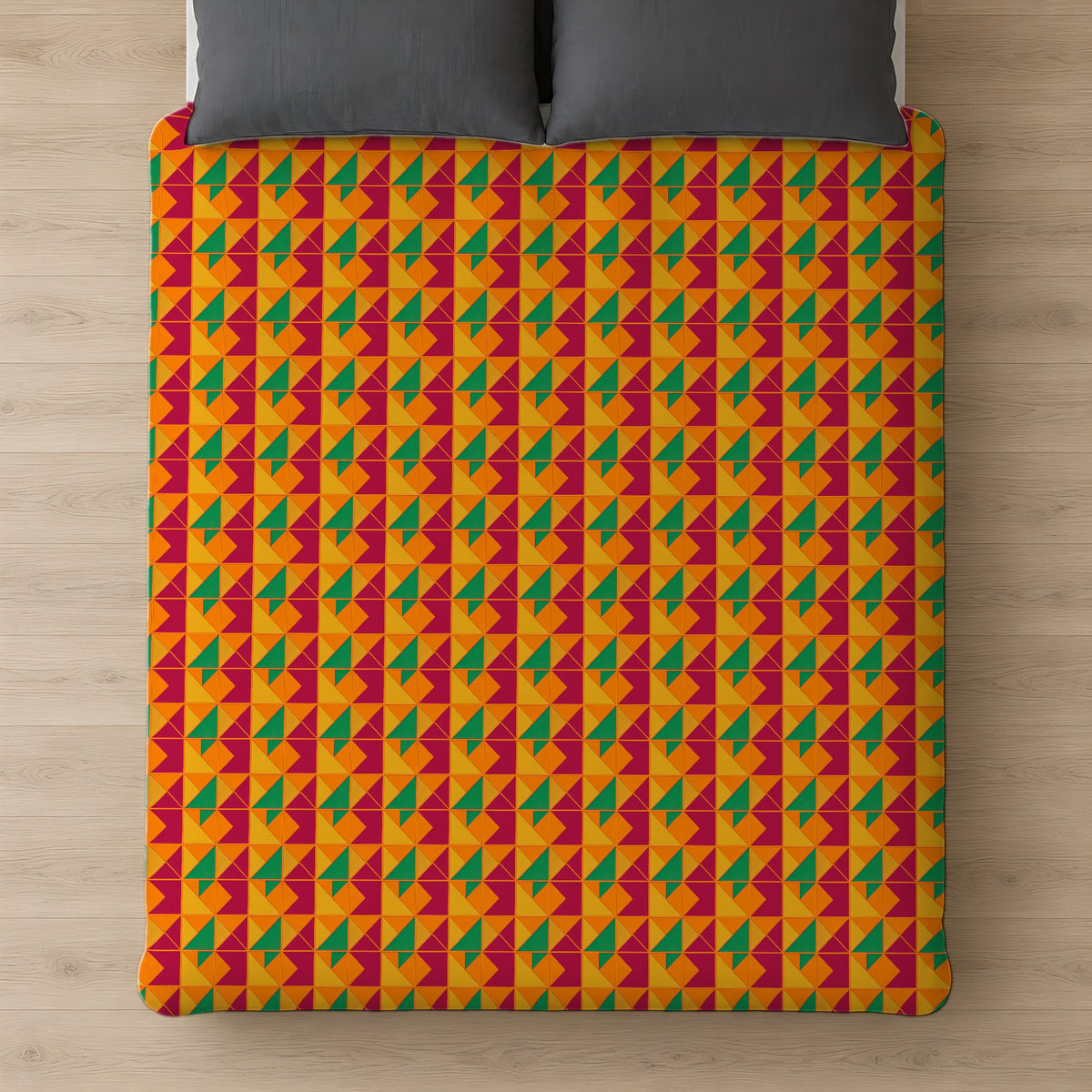 Jewel Block Quilt Comforter on a bed, seen from above